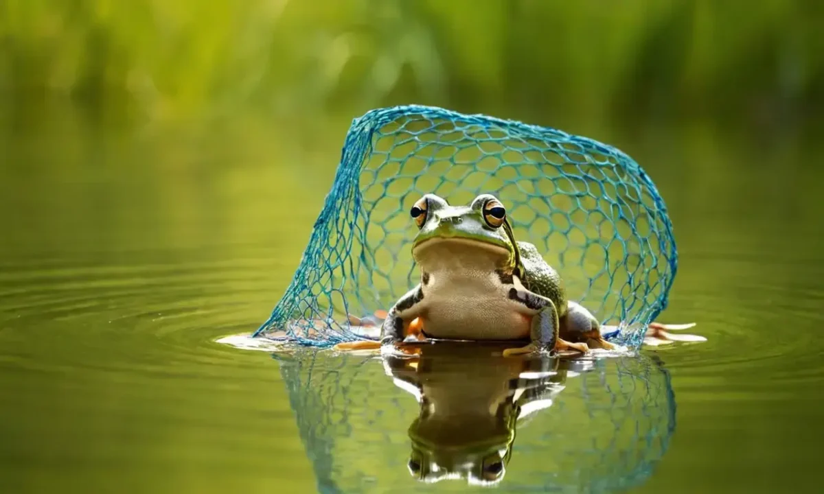 The image shows a sustainable fishing net design combined with an amphibian symbol for conservation