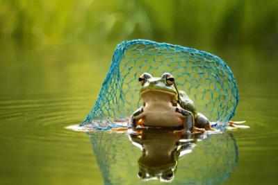 The image shows a sustainable fishing net design combined with an amphibian symbol for conservation