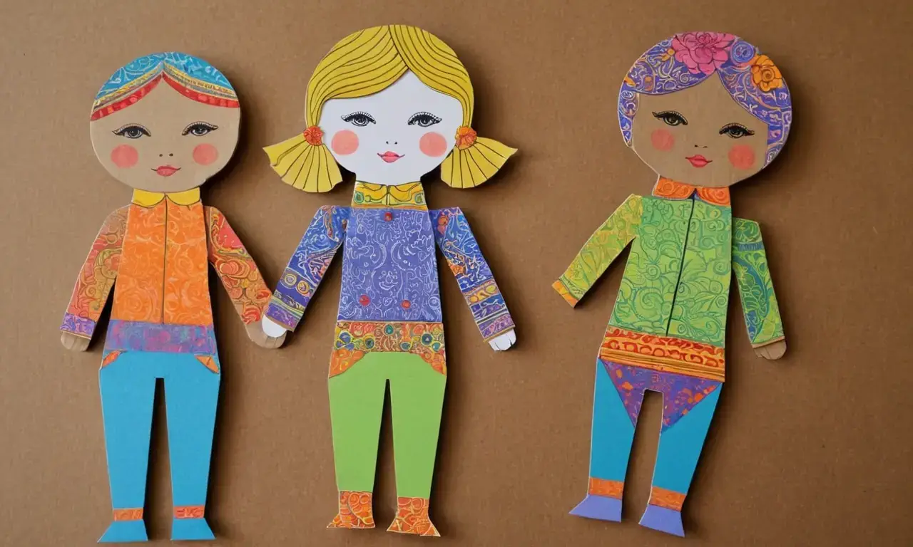 Crafting paper dolls requires materials like art supplies and adhesives