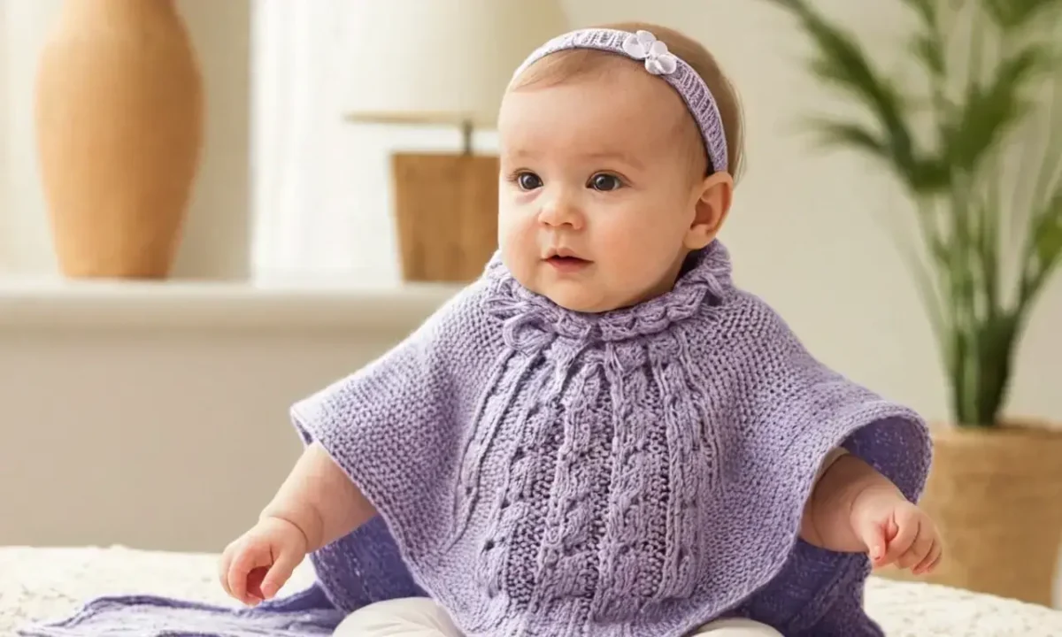 This knitting pattern creates a stylish and cozy baby poncho